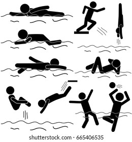 Swimming Sports as Active Life Style and Health Care. Stick Figure Vector Icons