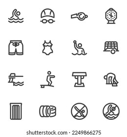 Swimming Sport Linie Symbole Set, Umriss Vektorsymbol Sammlung, lineares Piktogramm Pack. Zeichen, Logo-Illustration. Set enthält Symbole wie Schwimmer, Wasserpolo Tor, Badeanzug, Stoppuhr