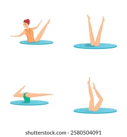 Swimming sportswoman icons set cartoon vector. Girl performing stunt in water. Water sport dance competition