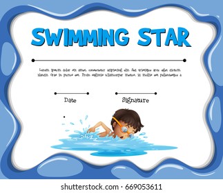 Plantilla de certificación de estrellas de natación con ilustración de nadador