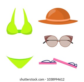 Swimming suit, and items set, summer mode collection, hat and sunglasses, flip-flops summer mode clothing, vector illustration, isolated on white