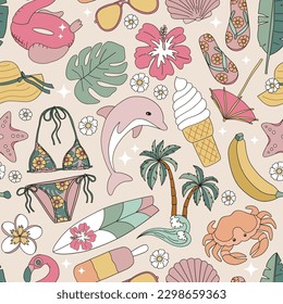 Swimming suit, palms, monstera leaf, sunglasses, surf board, crab, flip flop, flamingo pool float, hibiscus flower vector seamless pattern. Hawaii vacation background. Retro surface design for textile