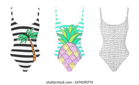 Swimming suit realistic vector. One piece swimsuits collection. Trendy modern design. Summer fashion. Mock up. Swimwear design.