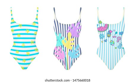 Swimming suit realistic vector. One piece swimsuits collection. Trendy modern design. Summer fashion. Mock up. Swimwear design.