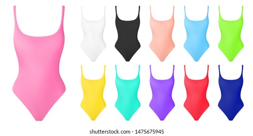 Swimming suit realistic vector. One piece swimsuits collection. Trendy modern colors. Realistic swimsuit mock up. Monokini. Summer fashion. Mock up. Swimwear design.