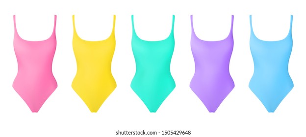 Swimming suit realistic vector. One piece swimsuits collection. Trendy modern colors. Place for text or image. Pastel colors. Summer fashion. Mock up. Swimwear design.
