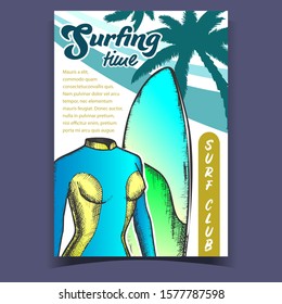Swimming Suit For Woman And Board Banner Vector. Female Swimming Wetsuit, Surfboard And Palms For Surfing Time. Clothes For Extreme Active Sport On Surf Club Poster Colorful Illustration