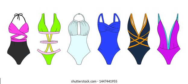 Swimming Suits Set. Doodle Bikini. One Piece Swimsuits Collection. Ladies Clothes For Summer Vacation. Bikini Sketch. Swimwear Fashion.