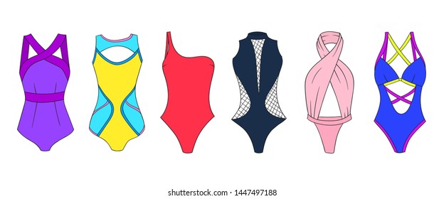 Swimming suits set. Doodle bikini. One piece swimsuits collection. Ladies clothes for summer vacation. Bikini sketch. Swimwear fashion.