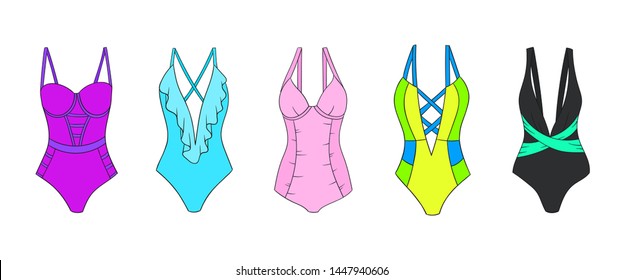Swimming suits set. Doodle bikini. One piece swimsuits collection. Summer. Woman swimming suit. Swimwear fashion.