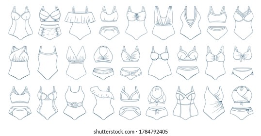 Swimming suits set. Doodle bikini collection. Plus size and curvey ladies swimsuits. Modern and classic style swimwear sketches. Plus siaze swimsuits set. Swimwear fashion for all body types.