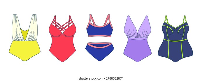 Trajes para nadar. Colección de bikini Doodle. Además de trajes de baño para damas de tamaño y curvey. Esquemas de bañador de estilo moderno y clásico. Moda de bañador para todo tipo de cuerpo.