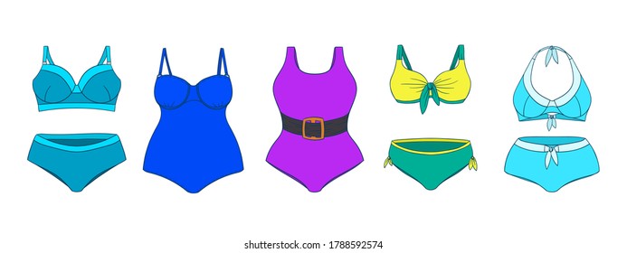Swimming suits set. Doodle bikini collection. Plus size and curvey ladies swimsuits. Modern and classic style swimwear sketches. Swimwear fashion for all body types.
