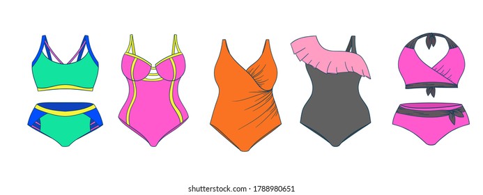 Swimming suits set. Doodle bikini collection. Plus size and curvey ladies swimsuits. Modern and classic style swimwear sketches. Swimwear fashion for all body types.