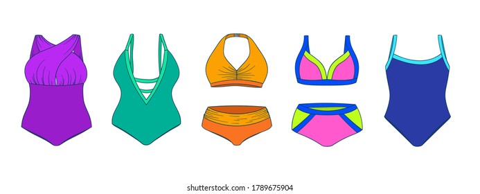 Swimming suits set. Doodle bikini collection. Plus size and curvey ladies swimsuits. Modern and classic style swimwear sketches. Swimwear fashion for all body types.