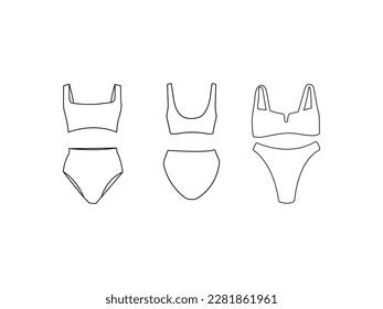Trajes para nadar. Colección de bikini de Doodle.Conjunto de bikini.Esbozo técnico de moda de modelo de ropa. Colección de trajes de baño de verano.colección de bikini de moda sobre fondo blanco. 