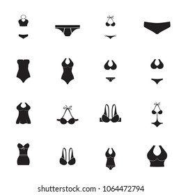 Swimming suits vector collection. Black Swimsuit and bikini icon collection. Different Swimsuit flat icons set. Silhouette swimsuit isolated on white background.