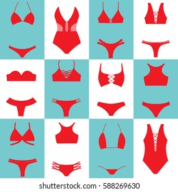 Swimming suits vector collection. Red Swimsuit and bikini icon collection. Different Swimsuit flat icons set.