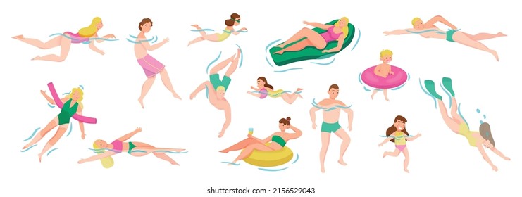 Swimming swimwear people icon set women and men in the water swim in bikinis on water mattresses and other equipment vector illustration