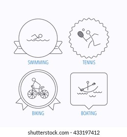 Swimming, tennis and biking icons. Boating linear sign. Award medal, star label and speech bubble designs. Vector