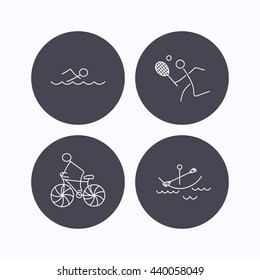 Swimming, tennis and biking icons. Boating linear sign. Flat icons in circle buttons on white background. Vector