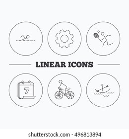 Swimming, tennis and biking icons. Boating linear sign. Flat cogwheel and calendar symbols. Linear icons in circle buttons. Vector
