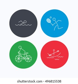 Swimming, tennis and biking icons. Boating linear sign. Linear icons on colored buttons. Flat web symbols. Vector
