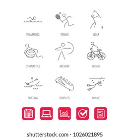 Swimming, tennis and golf icons. Biking, diving and gymnastics linear signs. Archery, boating and bobsleigh icons. Report document, Graph chart and Calendar signs. Laptop and Check web icons. Vector