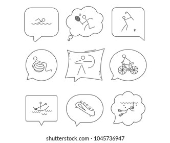 Swimming, tennis and golf icons. Biking, diving and gymnastics linear signs. Archery, boating and bobsleigh icons. Linear Speech bubbles with icons set. Comic chat balloon. Vector