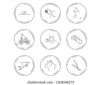 Swimming, tennis and golf icons. Biking, diving and horseback riding linear signs. Ski jumping, boating and bobsleigh icons. Linear Circles web buttons with icons. Vector
