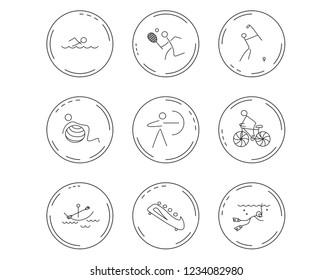 Swimming, tennis and golf icons. Biking, diving and gymnastics linear signs. Archery, boating and bobsleigh icons. Linear Circles web buttons with icons. Vector