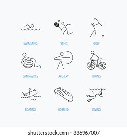 Swimming, tennis and golf icons. Biking, diving and gymnastics linear signs. Archery, boating and bobsleigh icons. Linear set icons on white background.