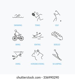 Swimming, tennis and golf icons. Biking, diving and horseback riding linear signs. Ski jumping, boating and bobsleigh icons. Linear set icons on white background.