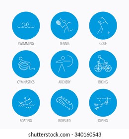 Swimming, tennis and golf icons. Biking, diving and gymnastics linear signs. Archery, boating and bobsleigh icons. Blue circle buttons set. Linear icons.