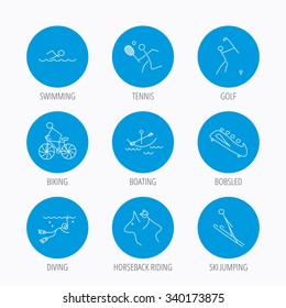 Swimming, tennis and golf icons. Biking, diving and horseback riding linear signs. Ski jumping, boating and bobsleigh icons. Blue circle buttons set. Linear icons.