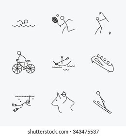 Swimming, tennis and golf icons. Biking, diving and horseback riding linear signs. Ski jumping, boating and bobsleigh icons. Linear black icons on white background.