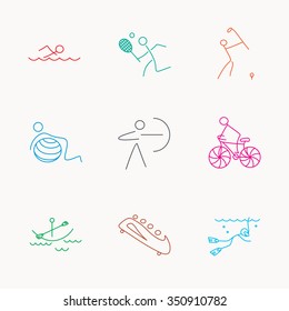 Swimming, tennis and golf icons. Biking, diving and gymnastics linear signs. Archery, boating and bobsleigh icons. Linear colored icons.