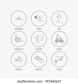 Swimming, tennis and golf icons. Biking, diving and gymnastics linear signs. Archery, boating and bobsleigh icons. Linear colored in circle edge icons.