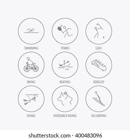 Swimming, tennis and golf icons. Biking, diving and horseback riding linear signs. Ski jumping, boating and bobsleigh icons. Linear colored in circle edge icons.