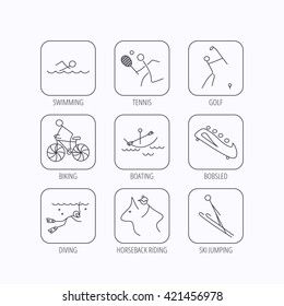 Swimming, tennis and golf icons. Biking, diving and horseback riding linear signs. Ski jumping, boating and bobsleigh icons. Flat linear icons in squares on white background. Vector