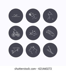 Swimming, tennis and golf icons. Biking, diving and horseback riding linear signs. Ski jumping, boating and bobsleigh icons. Flat icons in circle buttons on white background. Vector