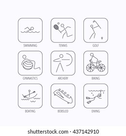 Swimming, tennis and golf icons. Biking, diving and gymnastics linear signs. Archery, boating and bobsleigh icons. Flat linear icons in squares on white background. Vector
