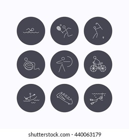 Swimming, tennis and golf icons. Biking, diving and gymnastics linear signs. Archery, boating and bobsleigh icons. Flat icons in circle buttons on white background. Vector