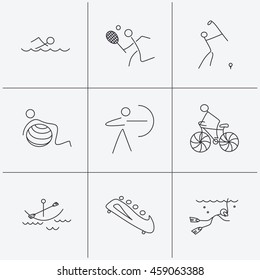 Swimming, tennis and golf icons. Biking, diving and gymnastics linear signs. Archery, boating and bobsleigh icons. Linear icons on white background. Vector