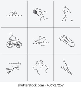 Swimming, tennis and golf icons. Biking, diving.