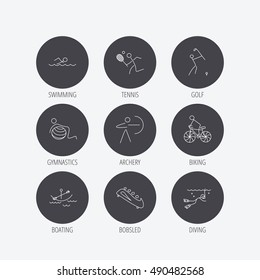 Swimming, tennis and golf icons. Biking, diving.