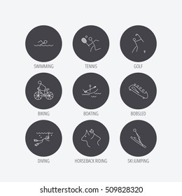 Swimming, tennis and golf icons. Biking, diving and horseback riding linear signs. Ski jumping, boating and bobsleigh icons. Linear icons in circle buttons. Flat web symbols. Vector