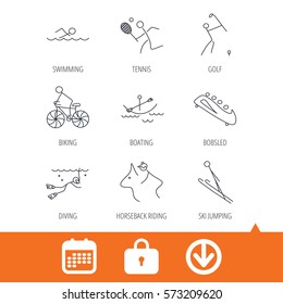 Swimming, tennis and golf icons. Biking, diving and horseback riding linear signs. Ski jumping, boating and bobsleigh icons. Download arrow, locker and calendar web icons. Vector