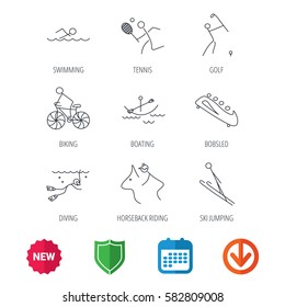 Swimming, tennis and golf icons. Biking, diving and horseback riding linear signs. Ski jumping, boating and bobsleigh icons. New tag, shield and calendar web icons. Download arrow. Vector