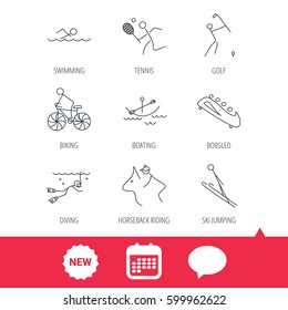 Swimming, tennis and golf icons. Biking, diving and horseback riding linear signs. Ski jumping, boating and bobsleigh icons. New tag, speech bubble and calendar web icons. Vector